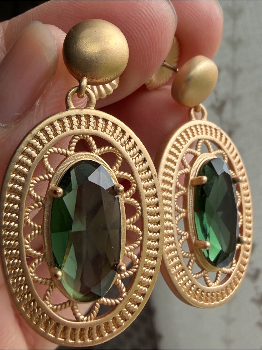 Gold-Tone Openwork Dangle Drop Earrings with Faux Dark Green Oval Stone
